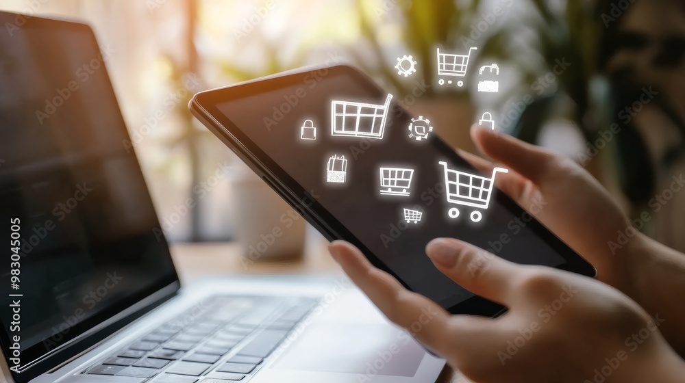 Poster a smartphone displays e-commerce apps, with a user engaged in digital shopping and exploring marketi