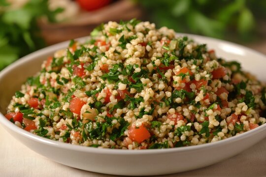 On a bright surface, two portions of tabouli with bulgur wheat and vibrant parsley are displayed elegantly