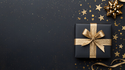 Elegant black gift box with golden ribbon and stars, festive background.