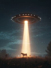 A cow stands in a field beneath a UFO with a bright beam of light illuminating the night sky