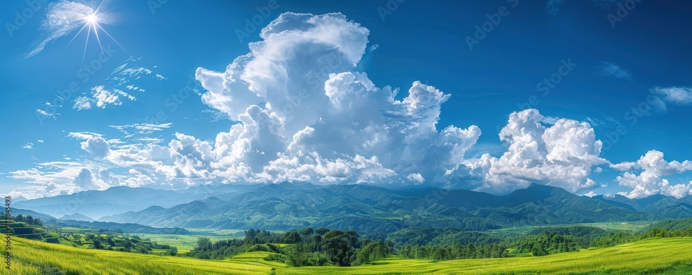 Wall mural a panoramic view of a blue sky with fluffy white clouds, creating a calming effect. free copy space 