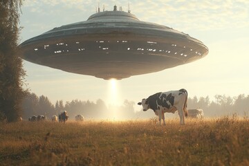 Obraz premium A dramatic UFO encounter over a cow pasture during a serene sunrise with a group of grazing cows in the foreground