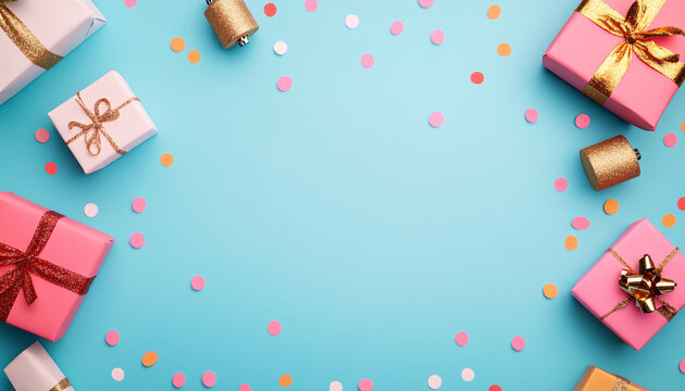 Festive gift boxes with confetti on a blue background.
