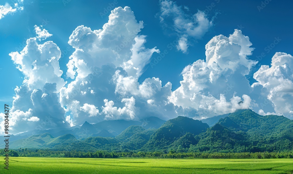 Wall mural a panoramic view of a blue sky with fluffy white clouds, creating a calming effect. free copy space 
