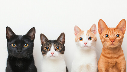 Four cats of different colors, white isolated background.