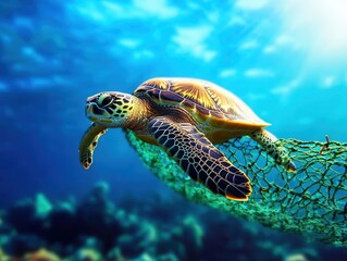 Fototapeta premium Sunlight beams through the clear blue water, illuminating a vibrant coral reef below.