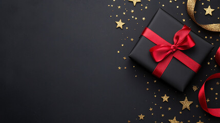 Gift box with red ribbon on black background with gold stars.