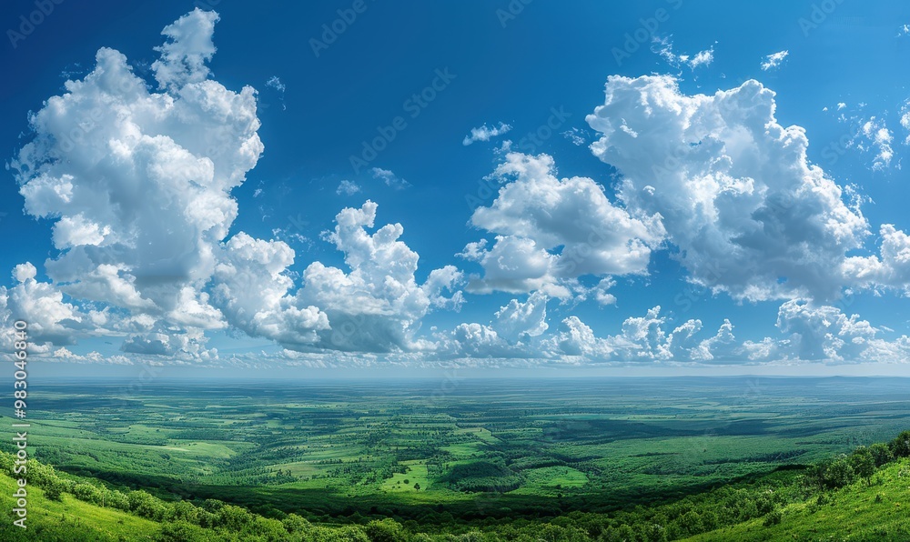 Wall mural a panoramic view of a blue sky with fluffy white clouds, creating a calming effect. free copy space 