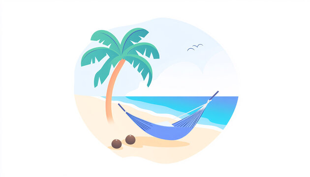 Hammock under palm tree by the beach, white isolated background.