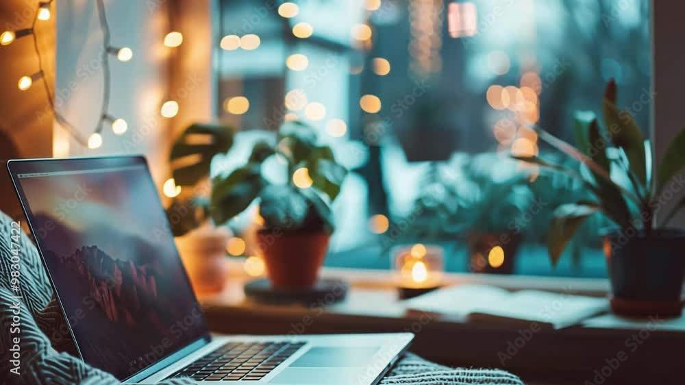 Poster a laptop rests on a textured blanket beside a window, surrounded by lush green plants and glowing fa