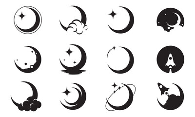 Elegant crescent moon and star logo design. Moon with star, reflection on water, clouds, and rocket icon vector illustration EPS10 - obrazy, fototapety, plakaty