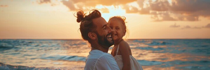 Beach sunset love: Father and daughter hug