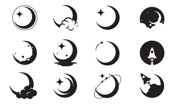 Elegant crescent moon and star logo design. Moon with star, reflection on water, clouds, and rocket icon vector illustration EPS10