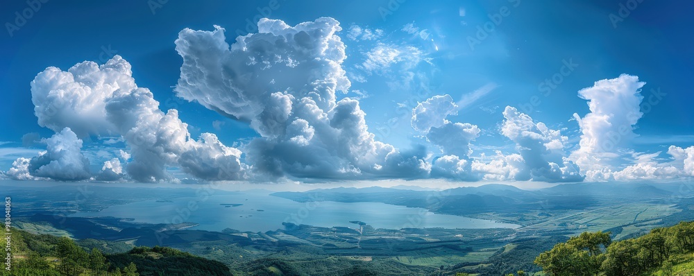 Wall mural a panoramic view of a blue sky with fluffy white clouds, creating a calming effect. free copy space 