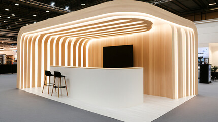 Modern exhibition booth with curved wooden design and lighting.