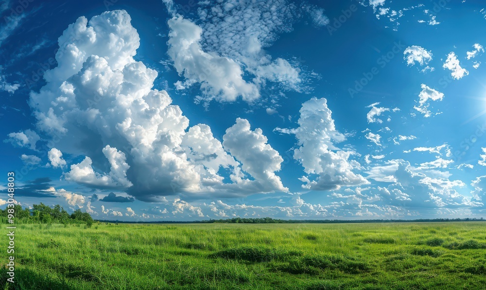 Canvas Prints a panoramic view of a blue sky with fluffy white clouds, creating a calming effect. free copy space 