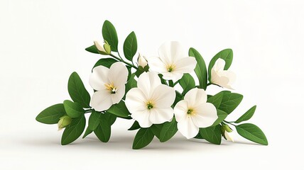 Obraz premium Delicate white flowers with green leaves isolated on clear background.