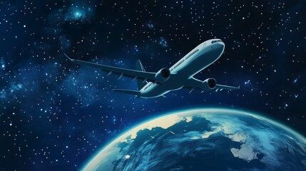 An artistic depiction of a flying plane against the backdrop of Earth. International Civil Aviation Day.