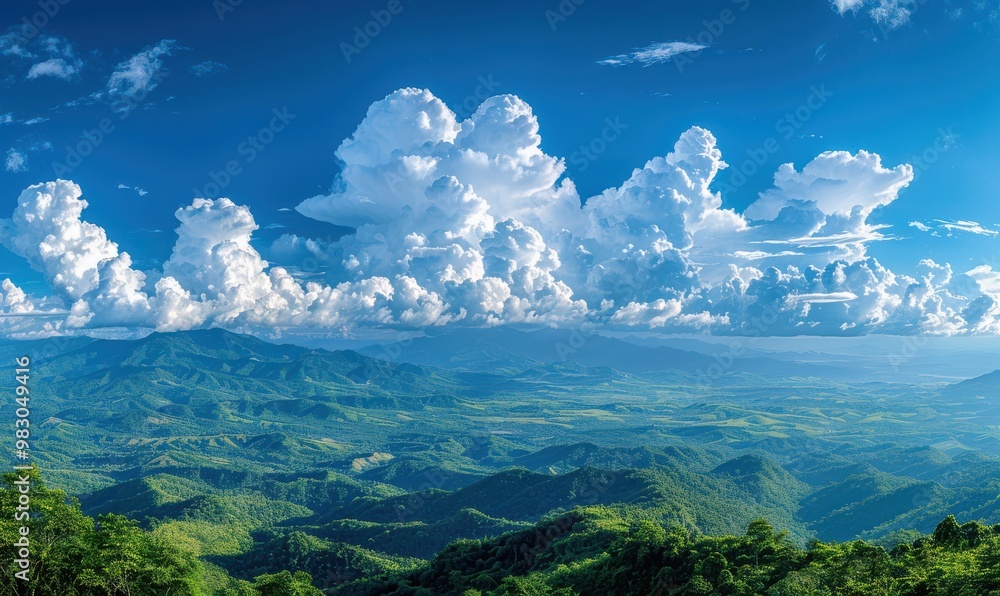 Wall mural a panoramic view of a blue sky with fluffy white clouds, creating a calming effect. free copy space 