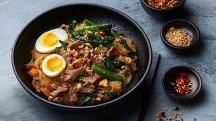 Stir fry chow mien noodles with pork and vegetable, Asian stir fry noodle dish with copy.