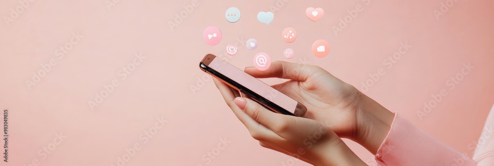 Poster smartphone on a pink background with social media notification icons, emphasizing alerts and connect