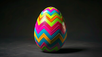 An Easter egg with a zigzag pattern in bright neon colors on a black background