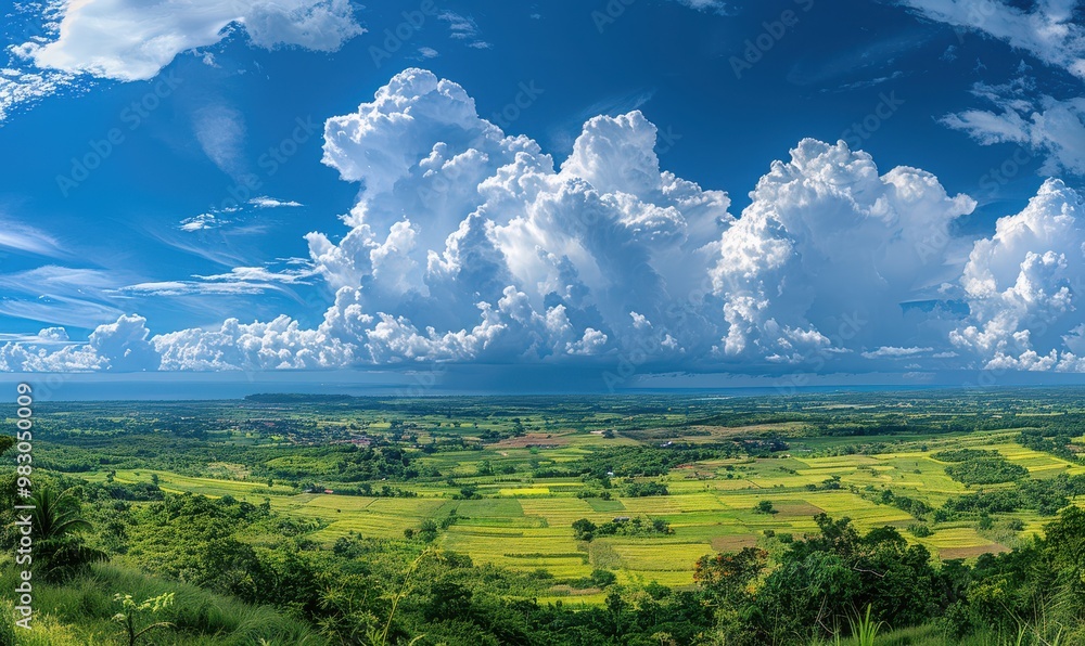 Wall mural a panoramic view of a blue sky with fluffy white clouds, creating a calming effect. free copy space 