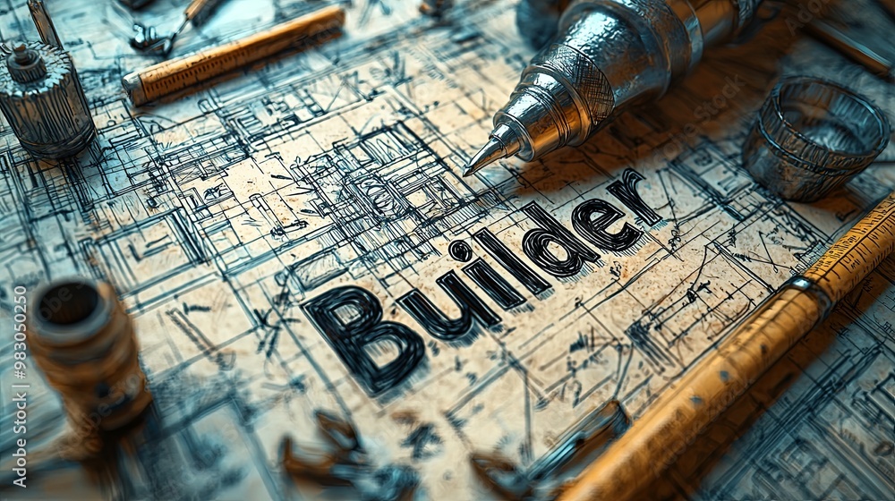 Poster a detailed blueprint sketch with an assortment of building tools surrounding the prominent 'builder'