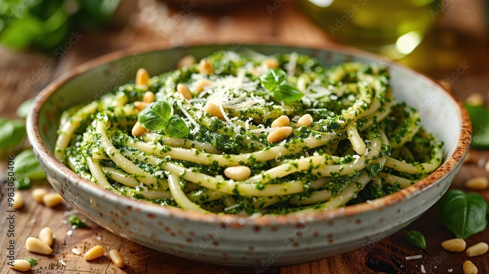 Sticker pasta with pesto sauce, pine nuts, and parmesan cheese