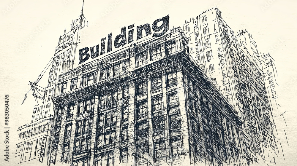 Poster an elaborate architectural drawing displaying the intricacies of a building with the 'building' text
