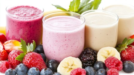 smoothie with berries, banana, and fresh fruit in a glass bowl on a white background, healthy fresh fruit and vegetable smoothies isolated on white background