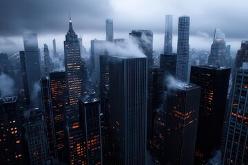 Obraz premium City skyline at dawn with fog enveloping tall skyscrapers.