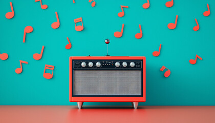 Retro radio with music notes on a vibrant background.