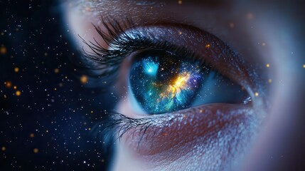Close-up of an eye reflecting the cosmos and starry universe.
