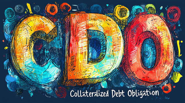 A vivid, colorful illustration of Collateralized Debt Obligation (CDO) with abstract elements and detailed textures showcasing financial terminology in an artistic style.