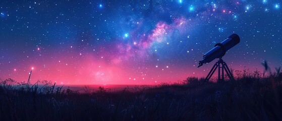 Silhouette of a telescope on a hillside against a starry night sky background. This image could be used as an illustration, banner, or as a space for text.