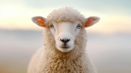 Fototapeta premium Cute sheep with soft wool, standing against a blurred natural background.