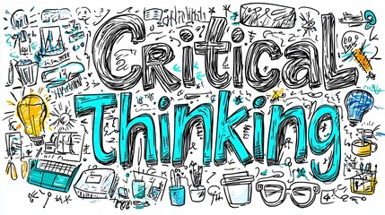 Obraz premium The image features the phrase 'Critical Thinking' in large, styled letters surrounded by numerous educational and creative icons and doodles in a playful layout.