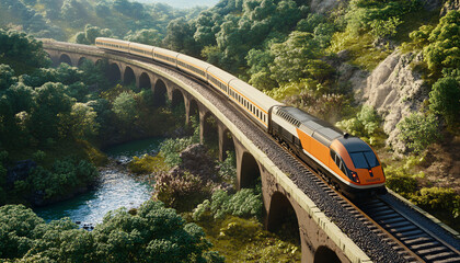 Fototapeta premium Train crossing a scenic bridge in lush green landscape.