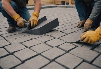 A man is wearing a hard hat while diligently working on a brick walkway