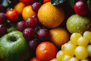 Fresh fruit displaying vibrant colors and water droplets