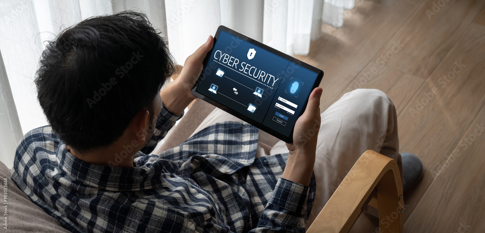 Poster cyber security system on computer screen protect private information snugly from hacker and cyber at