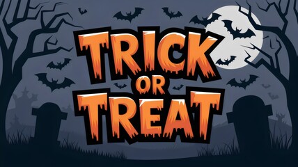 Spooky Halloween Background with Bats, Tombstones, and "Trick or Treat" Text