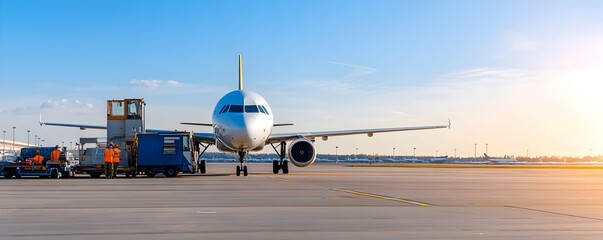 Efficient Airfield Logistics Ground Handling Teams Refueling Aircraft and Managing Runway Traffic in a Busy Airport Environment - Seamless Operations Under Clear Skies