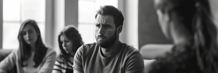 Participants sharing experiences and offering support in group therapy