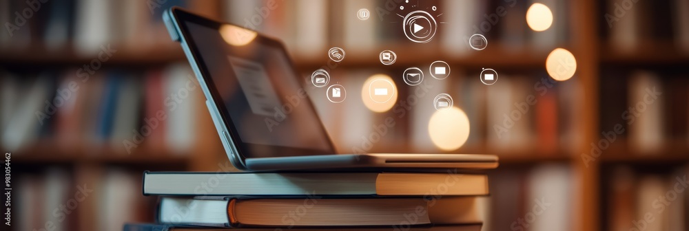 Poster A laptop in a library setting shows vibrant icons of online connectivity, symbolizing the scope of global digital interactions.