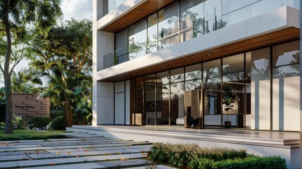 Obraz premium Sleek and Stylish Modern Glass Building Amid Lush Greenery