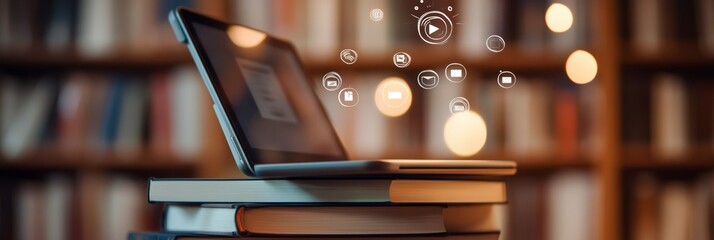 A laptop in a library setting shows vibrant icons of online connectivity, symbolizing the scope of global digital interactions.