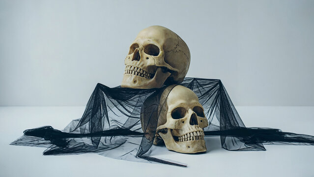 Fototapeta Two realistic skulls are depicted photo,  contrasting with a solid black background and a bright white top section, creating a minimalist, eerie, and spooky atmosphere.