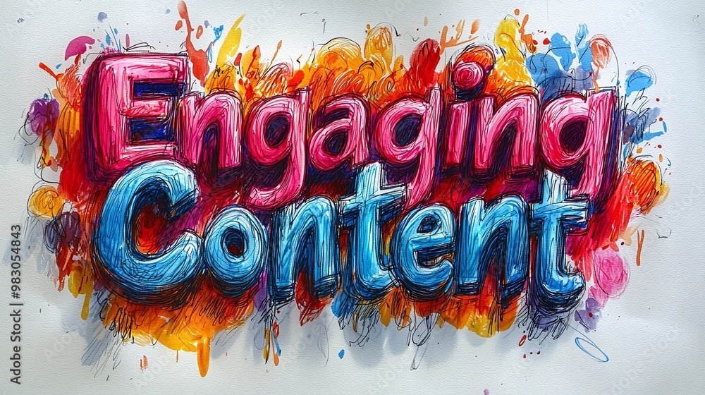 Poster the phrase 'engaging content' painted in vivid colors with a splash of abstract background effects, 